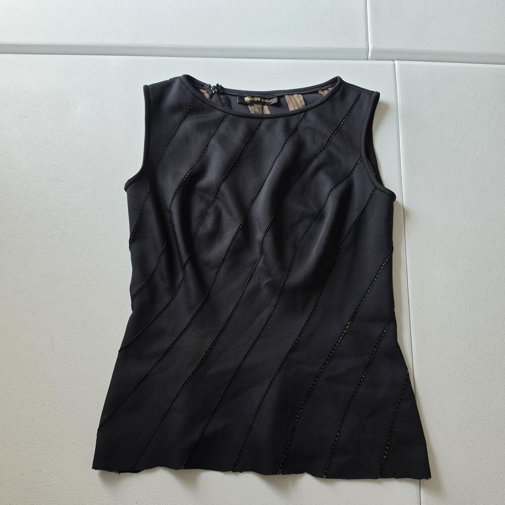 Tadashi Shoji Tank Top Womens Medium Black Diagonal Knit Sheer Party